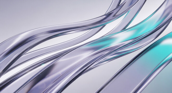 Abstract 3D Render of Fluid Glass Waves with Teal and Silver Reflections for High Tech Digital Backgrounds