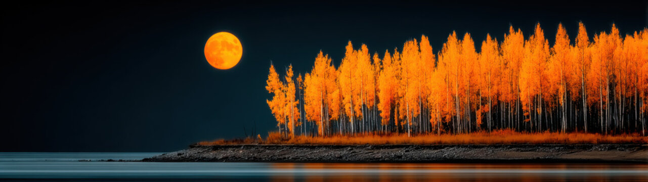 Harvest Moon Forest - A massive, glowing orange full moon hangs in a dark sky over a dense grove of golden autumn trees reflecting softly across a calm, glassy lake shoreline