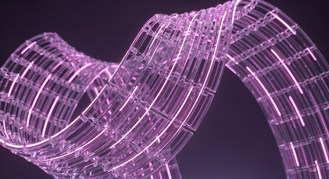 Abstract 3D render of glowing pink neon light tubes in glass casing forming a wavy ribbon on dark background.