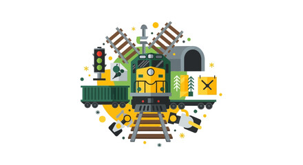 Fototapeta premium Flat Design Vector Illustration of a Cargo Freight Locomotive and Railway Infrastructure Icons including Tracks, Signal Lights, and Tunnel for Transportation and Logistics