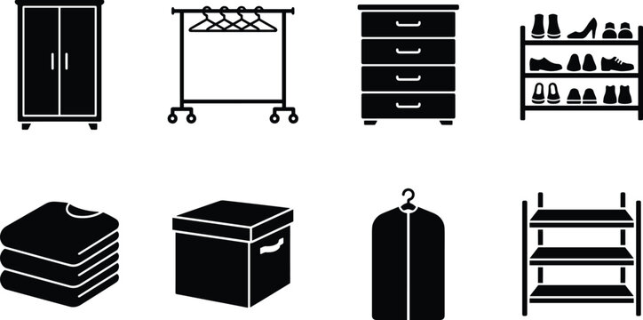 Wardrobe Storage and Home Organization Furniture Icon Set with Closet and Shelves