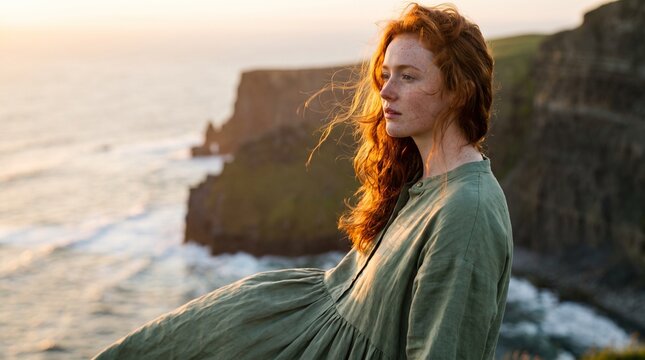 Portrait of a beautiful young redhead woman standing on windy coastal cliffs