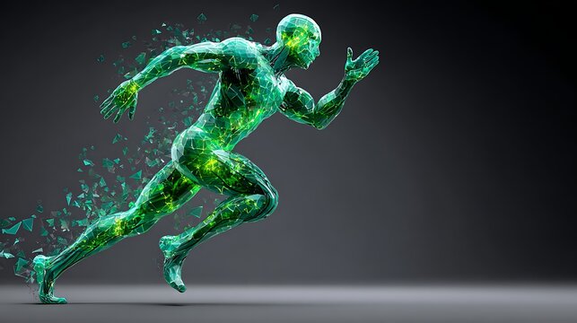 Glowing green 3d model of a human figure with wireframe texture on dark background