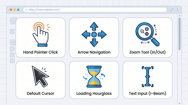 Web UI mouse cursor and pointer icon set inside a browser window template, featuring default arrow, hand click, navigation, zoom, loading hourglass, and text input I-beam vectors.