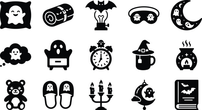 Set of halloween themed bedtime and sleep icons featuring ghosts, bats, moon, candles, and cozy night time elements