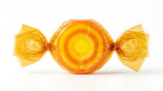 Orange and yellow swirl hard candy in clear wrapper