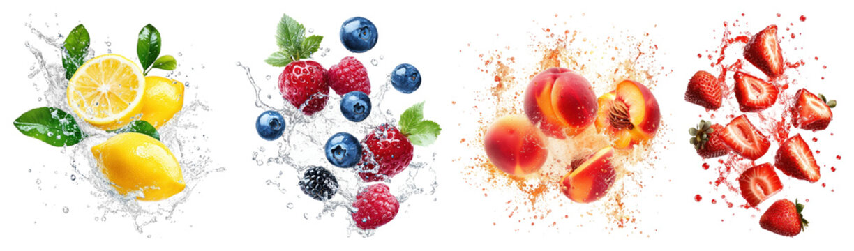 PNG Vibrant splashes of fresh fruits on transparent background