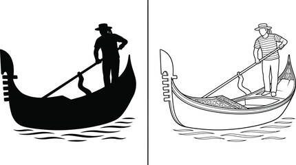 Gondola Silhouette and Outline Illustration with a Gondolier Standing and Rowing a Boat on Water. © Md