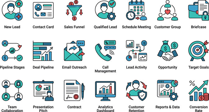 CRM sales pipeline business management lead generation and marketing analytics flat vector icon set in image_627321.png