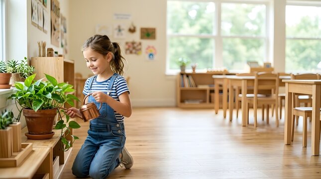 A child kneels on the floor and waters a small plant with a watering can in a classroom. Wooden furniture fills the space, and large windows let in sunlight