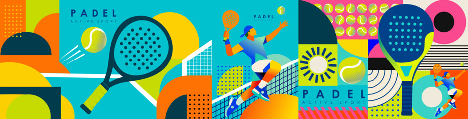 Padel. Sports game. Vector modern abstract illustration of a player, racket, tennis ball, and court for a geometric background, poster, fitness banner, or tournament. © Ardea-studio
