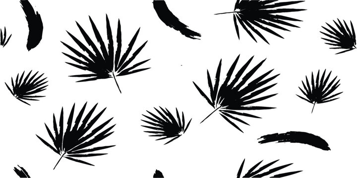 Black ink tropical palm leaf pattern with hand drawn brush strokes