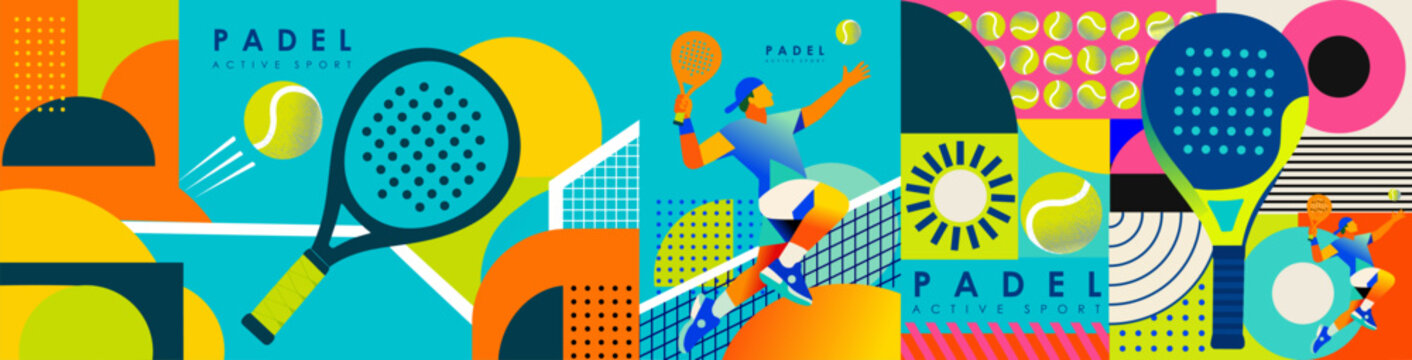Padel. Sports game. Vector modern abstract illustration of a player, racket, tennis ball, and court for a geometric background, poster, fitness banner, or tournament.