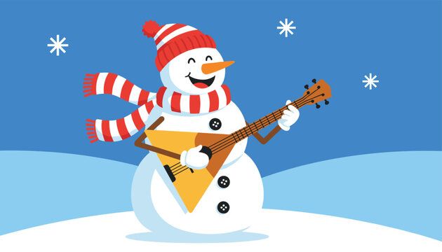 Cheerful snowman with a red striped hat and scarf playing a musical instrument in a snowy winter landscape with snowflakes falling.