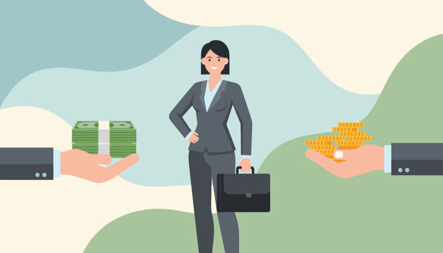 Professional businesswoman holding a briefcase standing between two hands offering money represented by cash and a stack of gold coins.