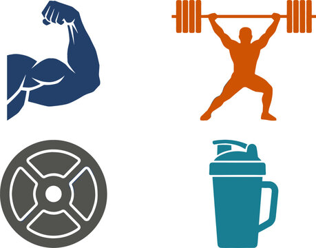 Fitness and Bodybuilding Vector Icon Set with Muscle Bicep Weightlifter Barbell Plate and Protein Shaker Bottle for Gym Logo and Workout Branding