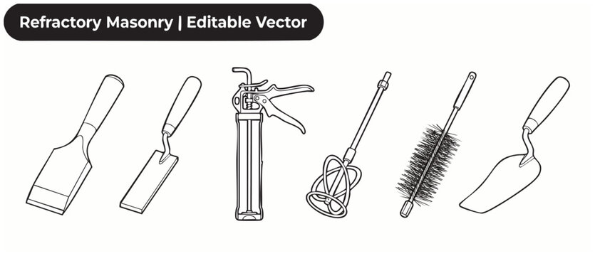 Refractory masonry tools vector icon set with trowel, caulking gun, mortar mixer paddle, bolster chisel, and wire cleaning brush for bricklaying and fireplace installation, isolated outline graphics.