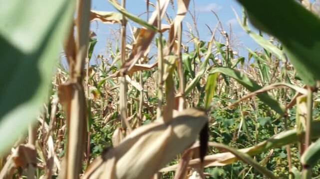 Corn field in autumn with ripe maize crop ready for harvest on agricultural farmland