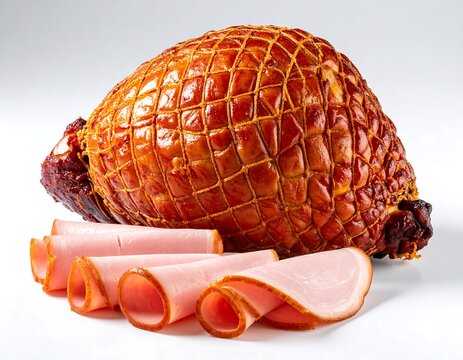 A whole smoked ham roast with a netted skin and several thin slices of cured meat ready for a holiday dinner feast or a delicious gourmet meal for the family to enjoy