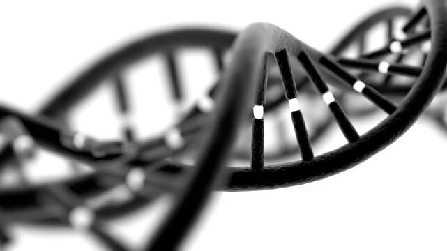 Black DNA double helix strand twisting on white background with shallow depth of field
