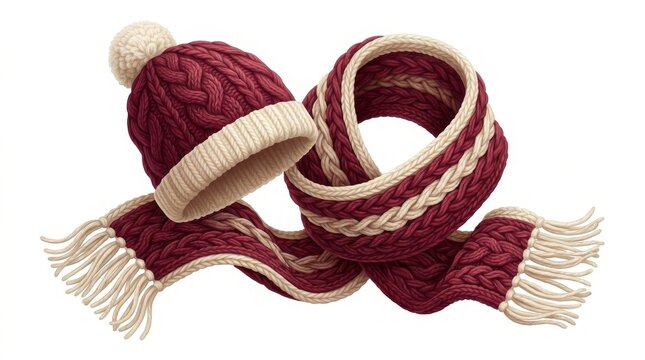 Knitted winter hat and scarf set, red and beige, warm clothing accessories, fashion knitwear