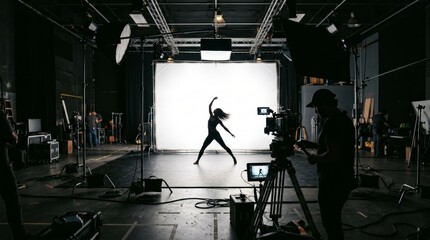 Obraz premium A dancer striking a pose in a dimly lit studio with professional equipment. Concept creativity, performing arts, photography, filmmaking. Ideal for artistic and commercial applications. Generative AI.