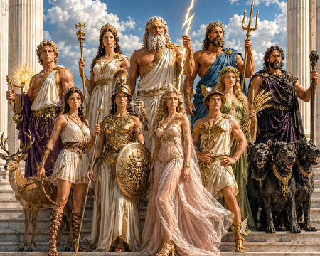 Greek Olympian Gods Standing Together at Ancient Temple