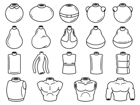 Cartoon Character Body Shapes Set. Line Art Vector Illustration of Blank Torsos, Bases, and Doodles for Character Design Creation.