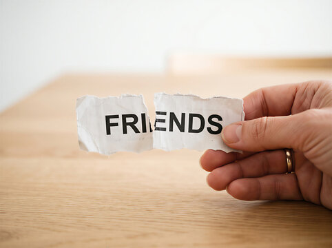 Torn paper with Friends text in hand on wooden table