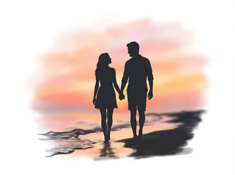 Couple walking on beach at sunset