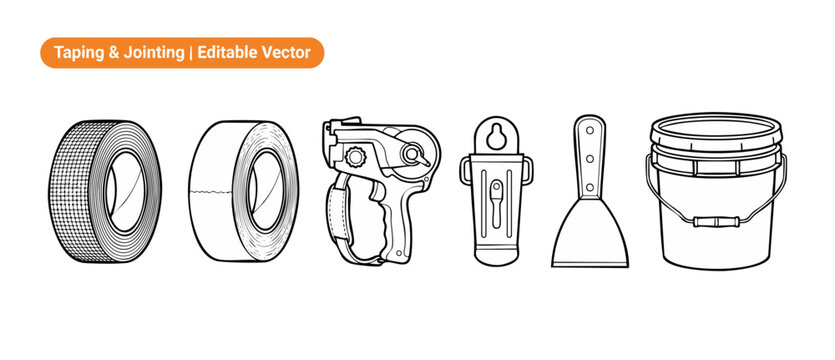 Drywall taping jointing tool icons vector set for plastering, construction, and wall repair maintenance. Outline illustrations of mesh tape, paper tape, banjo dispenser, putty knife, and joint bucket.
