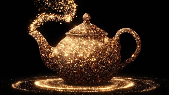 A glowing teapot, seemingly made of gold dust, emits steam and is surrounded by a sparkling halo