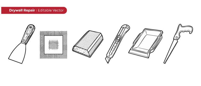 Drywall repair tool icons vector set of plastering equipment including putty knife, utility knife, sanding block, mesh patch, mud pan, and drywall saw for DIY home renovation and wall maintenance.