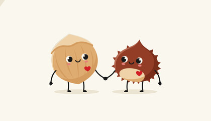 Fototapeta premium Two cute cartoon nuts with smiling faces and red heart patches on their chests holding hands in a sweet friendly gesture.