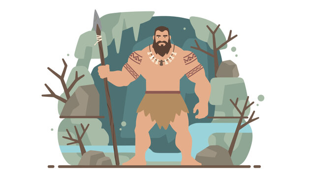 Muscular caveman with a long beard holding a wooden spear in a prehistoric cave environment with bare trees and natural rock formations.