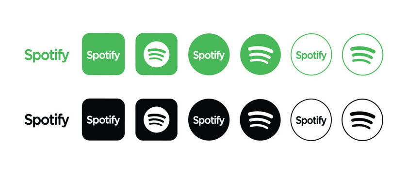 Set of Spotify logo and icon variations in green, black, and white. Vector digital music streaming service logotypes and brand identity elements, isolated on a white background.
