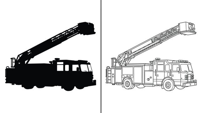 Firetruck with Extended Ladder in a Black Silhouette and Outline Illustration Side View on a White Background