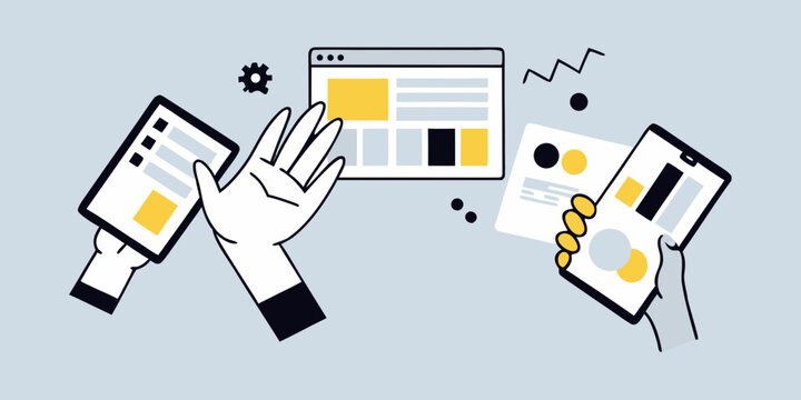Hands Presenting Browser Window And Mobile Phone Screens Vector Illustration