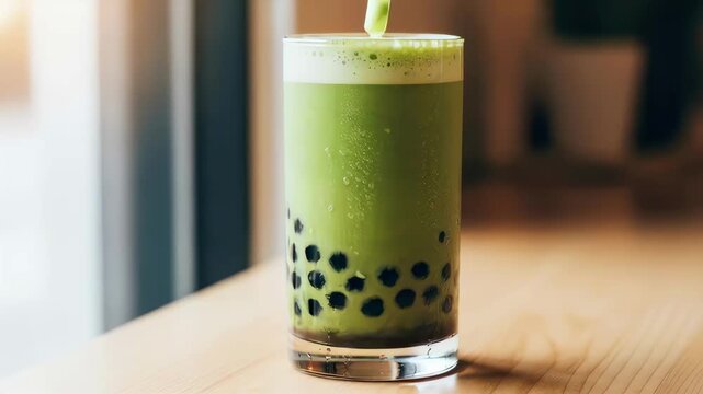 Iced matcha bubble tea with black tapioca pearls in a tall glass on a wooden table, closeup sequence showing condensation and subtle motion