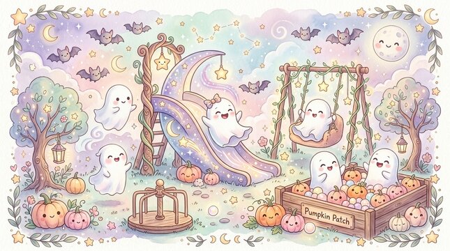 Whimsical halloween playground scene with cute ghosts playing on a slide, swing, and pumpkin patch under a starry night sky with a smiling moon