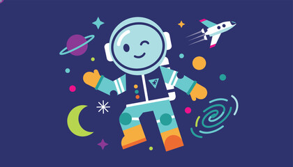 Naklejka premium Astronaut character floating in space surrounded by planets stars and a spaceship in a fun and colorful cosmic adventure illustration.