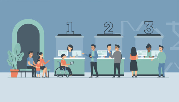 Busy service counter area featuring staff helping diverse customers including a person in a wheelchair in a modern office or bank setting.
