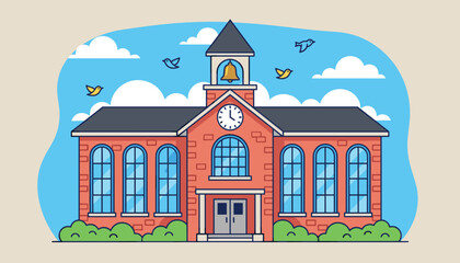 Fototapeta premium Classic brick school building with a clock tower and a school bell surrounded by greenery and birds flying in a bright sky.