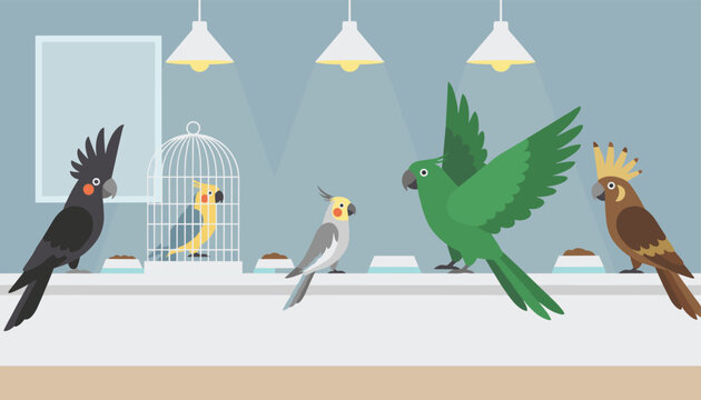 Various colorful parrots and cockatiels gathering around a serving tray with food bowls inside a modern bird sanctuary or home.