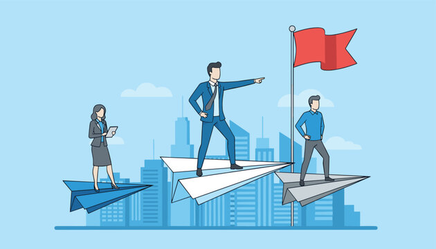 Business team standing on giant paper planes flying towards a red flag representing goal achievement and leadership success.