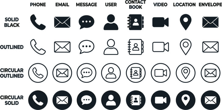Contact Information Icon Set featuring Solid Black Outlined and Circular Web Symbols for Phone Email Message User Video Location and Envelope Layouts