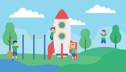 Fototapeta premium Group of children playing around a space rocket at a playground in a bright park showing imagination and outdoor fun in a natural setting.