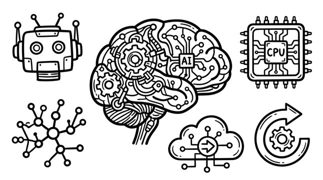 A detailed illustration of a brain connected to various science and technology symbols.