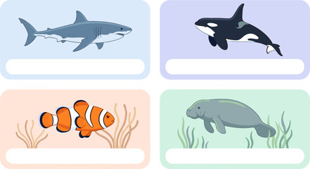  Marine Life Flashcard Template Vector Set with Shark Orca Killer Whale Clownfish and Manatee Icons for Kids Biology Education and Sea Animal Label © amzad
