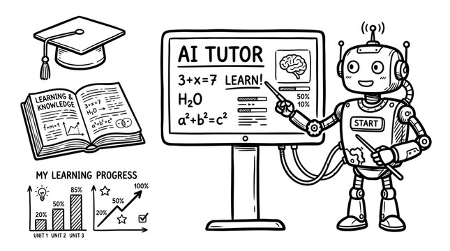A robot stands beside an educational display explaining AI and math formulas with a graduation cap and book nearby in a learning environment.